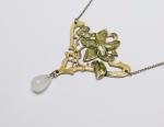 Art Nouveau Silver Tone Green Enamel Pendant Necklace