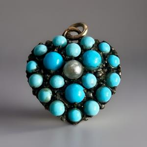 Victorian Turquoise & Pearl Heart Pendant in Gold