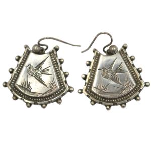 Victorian Silver Earrings with Bird Engraving
