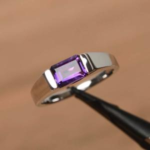 Emerald Cut Amethyst Sapphire Engagement Ring 14k White Gold