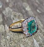 Vintage Old Cut Emerald and Diamond Cluster Ring