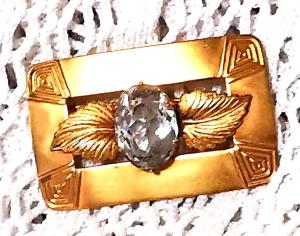 Antique Gold Tone Brooch with Clear Glass Stone