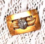 Antique Gold Tone Brooch with Clear Glass Stone