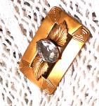 Antique Gold Tone Brooch with Clear Glass Stone