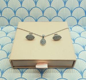 Vintage Silver Crystal Pendant Necklace and Earring Set