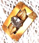 Antique Gold Tone Brooch with Clear Glass Stone