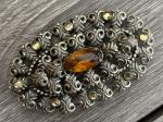 Vintage Oval Filigree Amber Stone Brooch