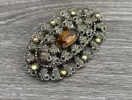 Vintage Oval Filigree Amber Stone Brooch