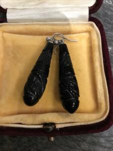 Victorian Whitby Carved Leaf Jet Earrings