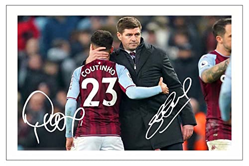 PHILIPPE COUTINHO & STEVEN GERRARD Signed 12x8 Inch Photo Print With Pre Printed Signature Aston Villa Autograph Gift by 