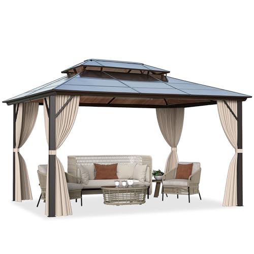 Erommy Outdoor Hardtop Pavilion with Curtains 10'×13