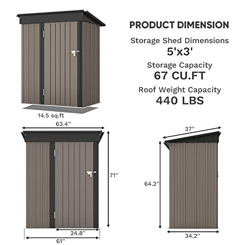 Patiowell 5x3 FT Outdoor Storage Shed, Brown