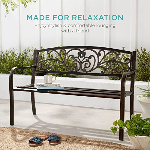 Garden Bench with Floral Design Backrest and Slatted Seat