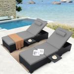 2 Black Rattan Outdoor Chaise Lounge Chairs with Cushions