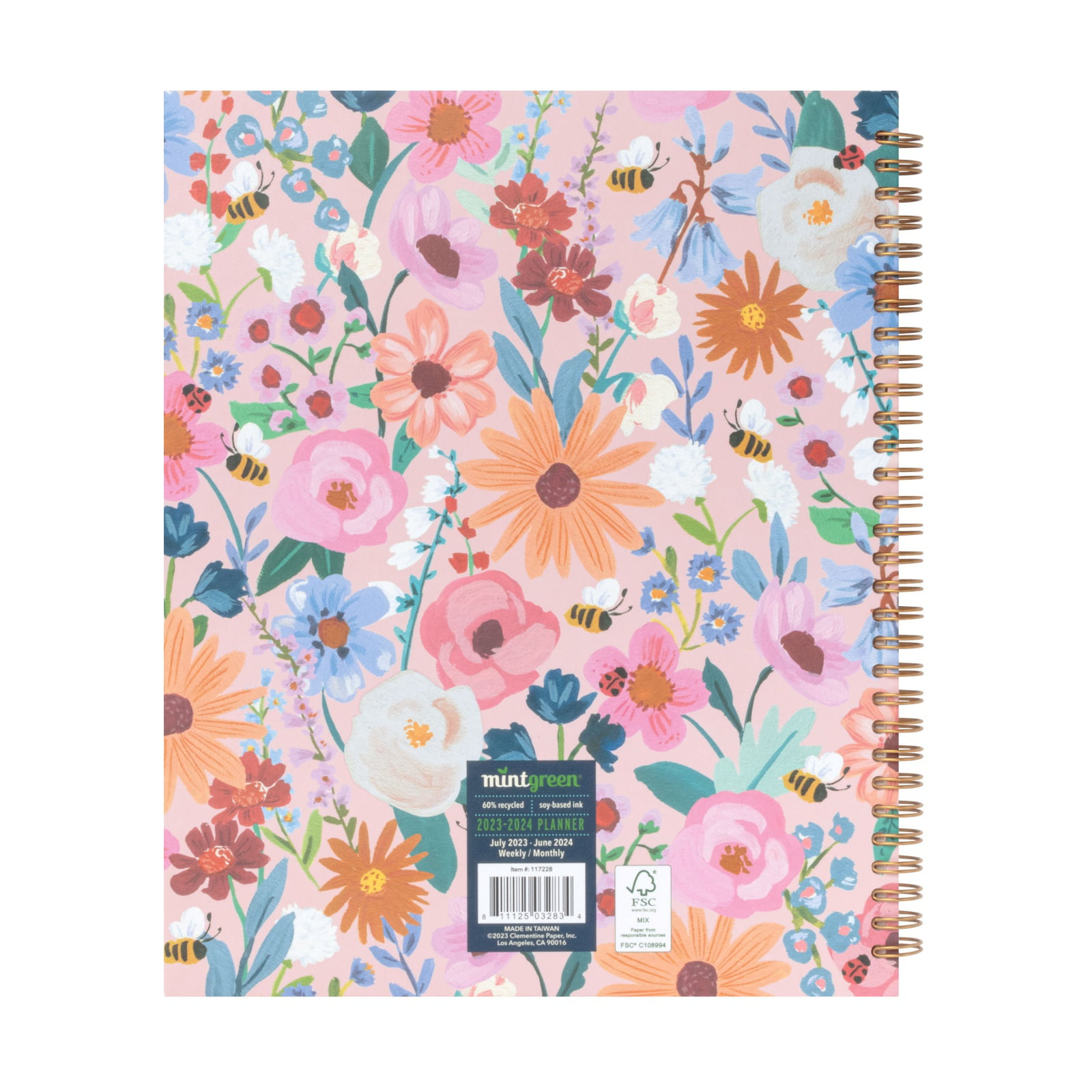 2023-2024 Mintgreen Weekly/Monthly Spiral Planner, 8.5" x10.5", Wildflower