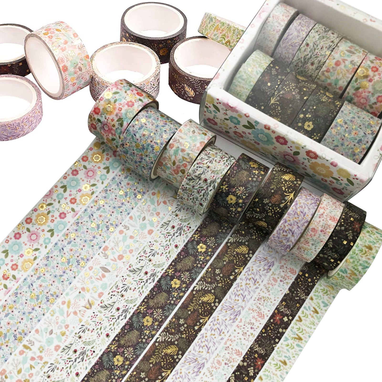 Black and Gold Floral Washi Tape Set of 10