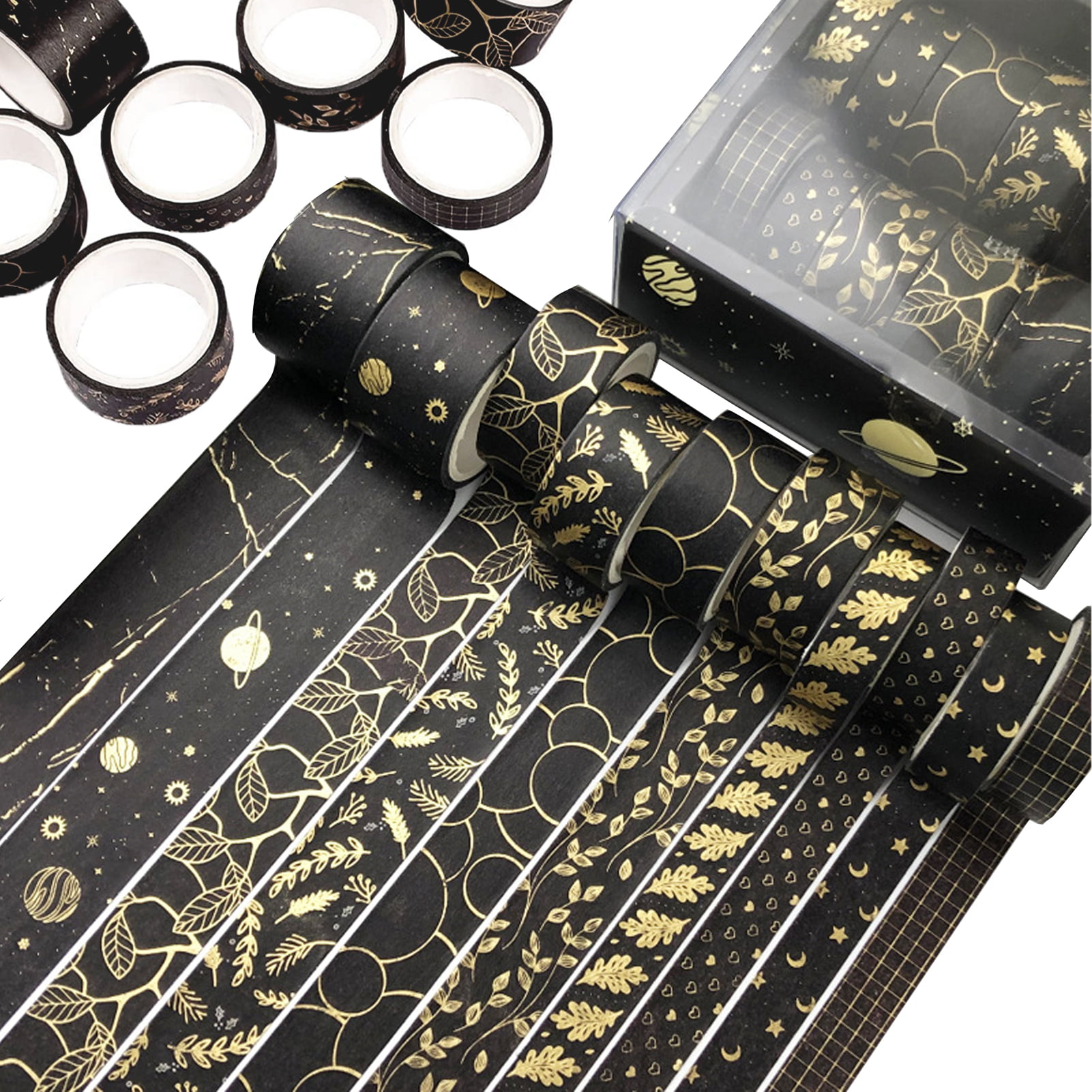 Black and Gold Floral Washi Tape Set of 10