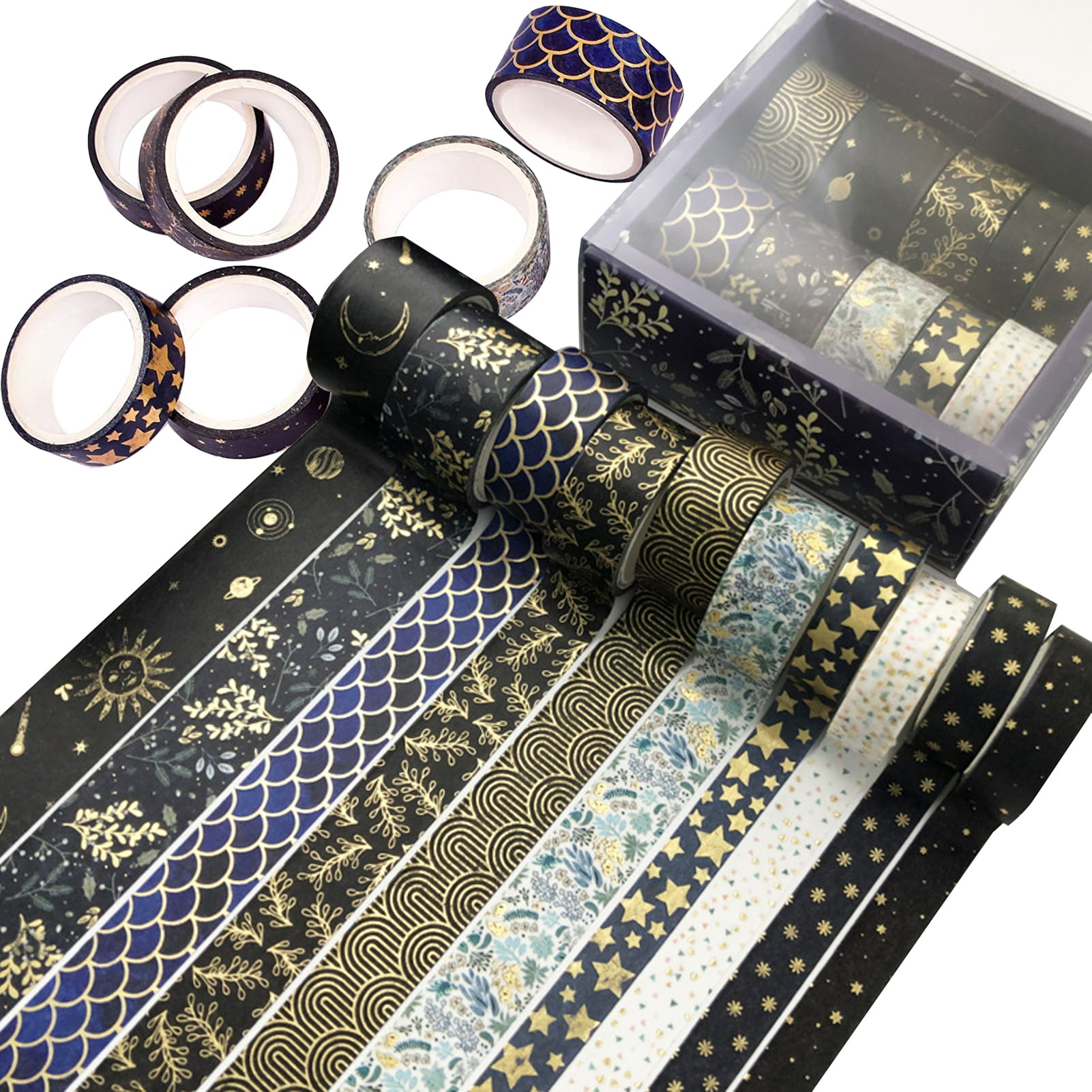 Black and Gold Floral Washi Tape Set of 10