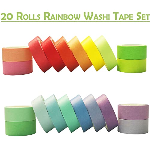 Rainbow Washi Tape Set - 20 Colorful Rolls