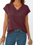 Stylish Burgundy V-Neck Cap Sleeve Women's Top