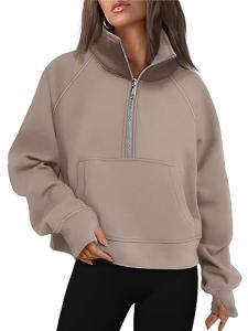 Womens Half Zip Cropped Sweatshirt in Coffee Grey