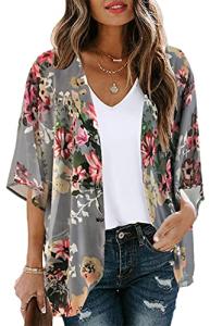 Floral Print Puff Sleeve Kimono Cardigan for Women