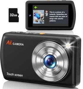 DSOEKEU AI Digital Camera, WiFi Cameras for Photography with Object Recognition, Compact Point and Shoot Digital Camera with Dual Lens, Flash, 3.6" Touch Screen, Gift for Kids Teens