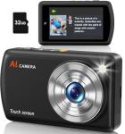 DSOEKEU AI Digital Camera, WiFi Cameras for Photography with Object Recognition, Compact Point and Shoot Digital Camera with Dual Lens, Flash, 3.6" Touch Screen, Gift for Kids Teens