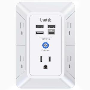 5 Outlet Extender Multi Plug Wall Outlets with 4 USB Charging Ports (1 USB C Outlet), 3 Sided 1680J Surge Protector Power Strip USB Wall Charger for Home, Office, Travel, ETL Listed, White