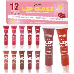 Dmsky 12 Pack Lip Gloss Set, 12 Colors Lip Oil for Dry Cracked Lips, Moisturizing Lip Balm Infused with Vitamin E for a Sheer Tint Of Color