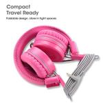 noot products Kids Headphones K22 Foldable Stereo Tangle-Free 5ft Long Cord 3.5mm Jack Plugin Wired On-Ear Headset for iPad/Amazon Kindle Fire/Girls/School/Laptop/Travel/Plane/Tablet FlamingoPink