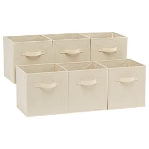 Amazon Basics Collapsible Fabric Storage Cubes Organizer with Handles, Sturdy, Beige, 10.5-x-10.5-x-11-inch, Pack of 6