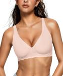 OEAK Womens Deep V Bras Wireless Comfortable Bra Supportive No Underwire Bras Tshirt Push Up Bralettes Plunge Seamless Bra Skin Color L