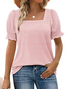 WIHOLL Summer Tops Women 2025 Dressy Casual Square Neck Easter Shirts Outfits Beach Vacation Clothes Pink Stripe L