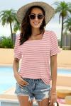 WIHOLL Summer Tops Women 2025 Dressy Casual Square Neck Easter Shirts Outfits Beach Vacation Clothes Pink Stripe L