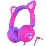 iClever Kids Headphones Cat Ear, LED Light Up, 85dBA Safe Volume, Stereo Sound Toddler Headphones for Travel School, Foldable 3.5mm Wired Kids Headphone for iPad Tablets, Meow Lollipop-Hot Pink