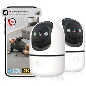 Security Cameras Indoor, 2K 5G&2.4Ghz WiFi Camera for Security Home with 911 Monitor Alert, 360 PTZ Baby/Pet/Dog Camera AI Search Motion Detection, Color Night Vision, Speaker, US Cloud Storage, 2Pack