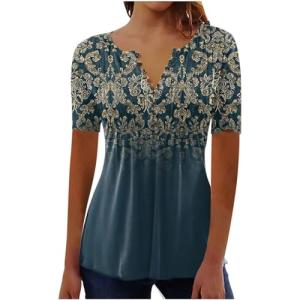Lightning-Deals of Today-Prime Summer Tops for Women 2025 Trendy Boho Floral Print Tunic Shirts Short Sleeve Button v Neck Tshirt Casual Loose Blouse 4-Navy Large