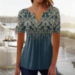 Lightning-Deals of Today-Prime Summer Tops for Women 2025 Trendy Boho Floral Print Tunic Shirts Short Sleeve Button v Neck Tshirt Casual Loose Blouse 4-Navy Large