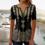 Summer Tops for Women 2025 Trendy Boho Floral Print Tunic Shirts Short Sleeve Button v Neck Tshirt Casual Loose Blouse Ladies Tops and Blouses Summer Brown S