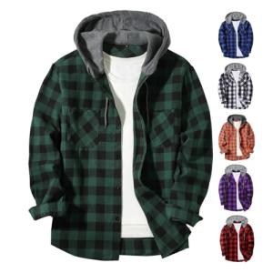 AQAYL Flannel Shirt for Men Plaid Button Down Hoodie Casual Long Sleeve Shirts Lightweight Hooded Shirt Jacket with Pockets Green
