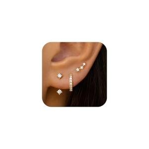 Gold Stud Earrings for Women Trendy, Small Huggie Hoop Cartilage Studs Jacket Stack for Multiple Piercing, Hypoallergenic Cute Fashion Accessories Jewelry Gifts Set