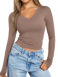 Trendy Queen Long Sleeve Shirts for Women 2025 Fall Fashion Trendy V Neck Casual T Shirts Basics Crop Cute Tops Going Out Slim Fitted Y2K Clothes Outfits Blouses CoffeeGrey M