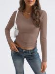 Trendy Queen Long Sleeve Shirts for Women 2025 Fall Fashion Trendy V Neck Casual T Shirts Basics Crop Cute Tops Going Out Slim Fitted Y2K Clothes Outfits Blouses CoffeeGrey M