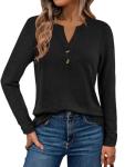 WYNNQUE Womens Long Sleeve Shirts Business Casual Outfits Dressy Tops Blouses Henley V Neck Fall Clothes Black L