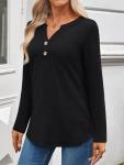 WYNNQUE Womens Long Sleeve Shirts Business Casual Outfits Dressy Tops Blouses Henley V Neck Fall Clothes Black L