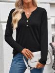WYNNQUE Womens Long Sleeve Shirts Business Casual Outfits Dressy Tops Blouses Henley V Neck Fall Clothes Black L