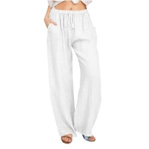Lightning+Deals Womens Linen Pants Casual Loose Wide Leg Pants High Elastic Waist Drawstring Flowy Palazzo Pants Summer Beach Pants Womens High Waisted Pants White M