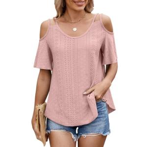 Lightning+Deals of Today Prime Eyelet Tops for Women Cold Shoulder T Shirts Summer Short Sleeve Blouses Fashion 2025 Trendy Clothes mis pedidos