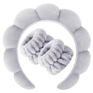 Zkptops Spa Headband for Washing Face Wristband Set Sponge Makeup Skincare Headband Terry Cloth Bubble Soft Get Ready Hairbands for Women Girl Puffy Padded Headwear Non Slip Thick Hair Accessory(Grey)